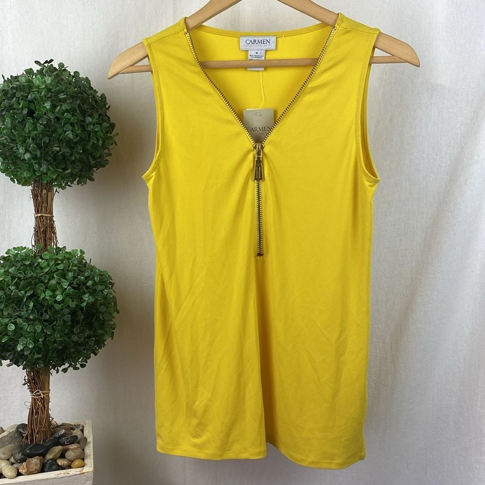 Carmen Marc Valvo Yellow Sleeveless Zip Neck Blouse Top NEW S - Picture 2 of 5
